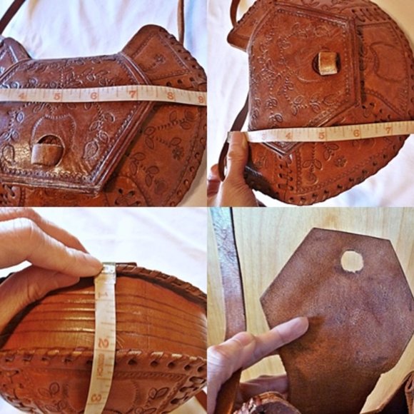 Hand Crafted Tooled Leather Shoulder Bag in Unique Hexagon Shape - Picture 15 of 15